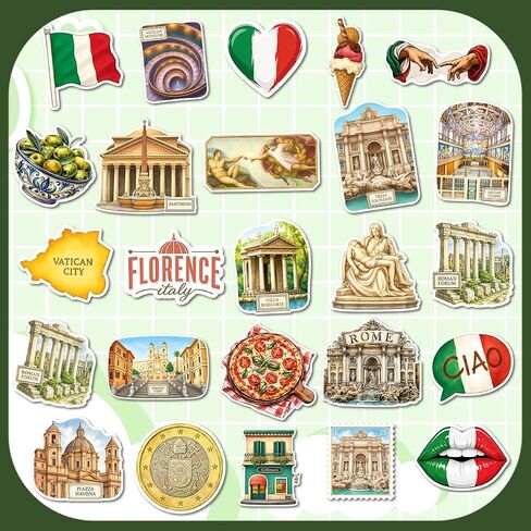 25PCS Italy Travel & Landmarks Sticker Pack Decals Pizza Gelato Rome Gift in Saudi Arabia