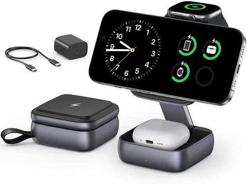 3 in 1 Foldable Wireless Magnetic Charging Dock with Storage Bag for MagSafe for iPhone 17 16 15 14 13 12 Pro Max for Apple Watch for AirPods Charger Travel Nightstand in Saudi Arabia