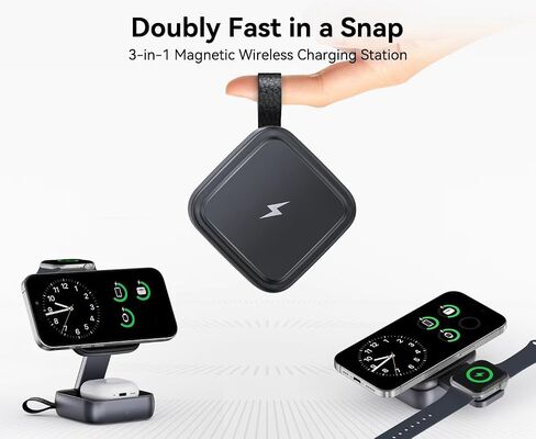 3 in 1 Foldable Wireless Magnetic Charging Dock with Storage Bag for MagSafe for iPhone 17 16 15 14 13 12 Pro Max for Apple Watch for AirPods Charger Travel Nightstand in Saudi Arabia