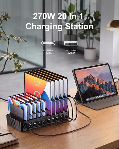 20-Port 270W Charging Station for Multiple Devices with 10 Charging Cables in Saudi Arabia