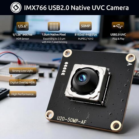 50MP 8192x6144 USB2.0 UVC Camera, Auto-Focus USB Camera 1/1.56 inch IMX766 HDR Sensor 32x32mm Size, Plug & Play for PC/Raspberry Pi/Jetson Nano/SBCs, Support Windows/Linux/Android/MacOS in Saudi Arabia
