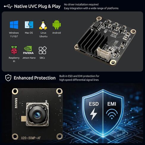 50MP 8192x6144 USB2.0 UVC Camera, Auto-Focus USB Camera 1/1.56 inch IMX766 HDR Sensor 32x32mm Size, Plug & Play for PC/Raspberry Pi/Jetson Nano/SBCs, Support Windows/Linux/Android/MacOS in Saudi Arabia