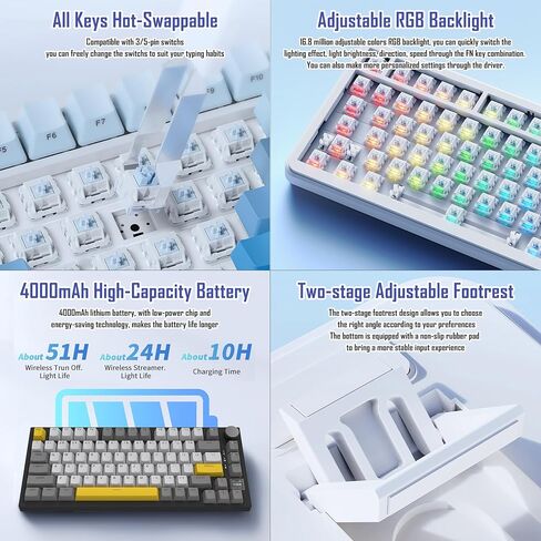 AK820 Pro 75% Gasket RGB Wireless Mechanical Keyboard with TFT Screen, Volume knob, Bluetooth/2.4G/Wired 3-Modes, Compact 82 Hot-Swap Keys, Tricolor PBT Keycap, 4000 mAh (Gray&Yellow 3-Modes) in Saudi Arabia