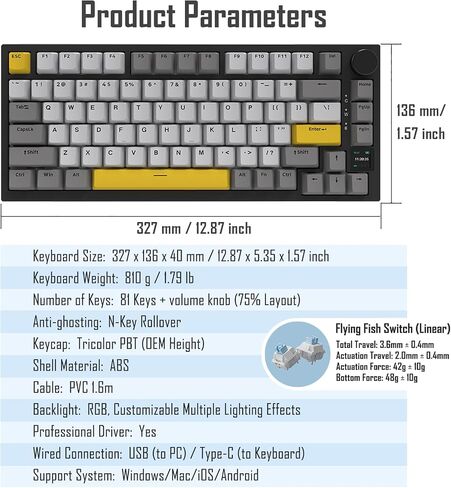AK820 Pro 75% Gasket RGB Wireless Mechanical Keyboard with TFT Screen, Volume knob, Bluetooth/2.4G/Wired 3-Modes, Compact 82 Hot-Swap Keys, Tricolor PBT Keycap, 4000 mAh (Gray&Yellow 3-Modes) in Saudi Arabia