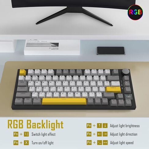 AK820 Pro 75% Gasket RGB Wireless Mechanical Keyboard with TFT Screen, Volume knob, Bluetooth/2.4G/Wired 3-Modes, Compact 82 Hot-Swap Keys, Tricolor PBT Keycap, 4000 mAh (Gray&Yellow 3-Modes) in Saudi Arabia