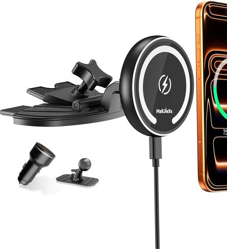 MAGJIEYX CD Slot Magnetic Wireless Car Mount Charger for iPhone 17 16-12, 3X Stable on Bumpy Roads, 99% Car/Truck-Approved, Charging Holder with 3M Dash Sticker, No Air Vent Block in Saudi Arabia
