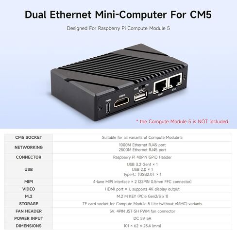 Waveshare Gigabit / 2.5G Dual Ethernet Mini-Computer (B), Compatible with Pi CM5, Dual RJ45 Ethernet Ports, Supports 4K Display Output and Dual MIPI Interfaces, Onboard 40Pin GPIO Header in Saudi Arabia