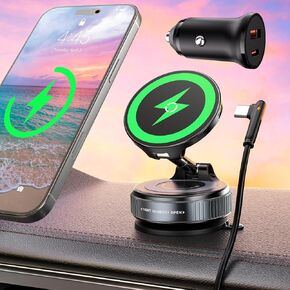 15W Wireless Charger Magnetic Car Phone Holder [Vacuum Suction Cup] 360° Adjustable & Foldable Car Mount for Dashboard/Windshield/Smooth Surface [Compatible with MagSafe] for iPhone/Samsung in Saudi Arabia