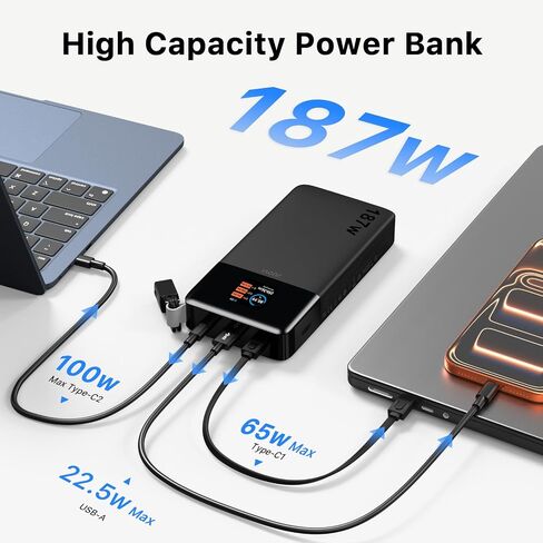 JUOVI شاحن محمول بقوة 187 وات للكمبيوتر المحمول بقدرة 25000 مللي أمبير في الساعة مع كابل USB-C قابل للفصل in Kuwait