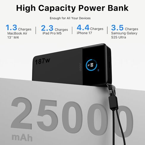 JUOVI شاحن محمول بقوة 187 وات للكمبيوتر المحمول بقدرة 25000 مللي أمبير في الساعة مع كابل USB-C قابل للفصل in Kuwait