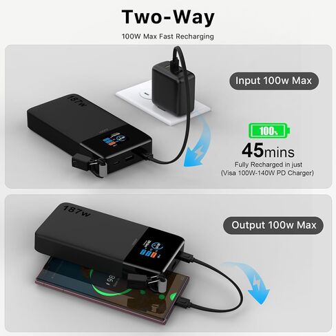 JUOVI شاحن محمول بقوة 187 وات للكمبيوتر المحمول بقدرة 25000 مللي أمبير في الساعة مع كابل USB-C قابل للفصل in Kuwait