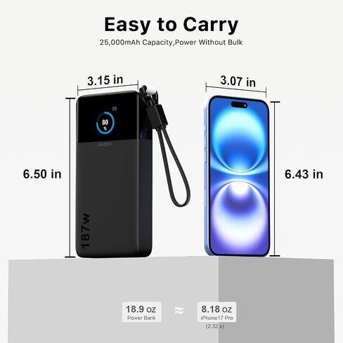 JUOVI شاحن محمول بقوة 187 وات للكمبيوتر المحمول بقدرة 25000 مللي أمبير في الساعة مع كابل USB-C قابل للفصل in Kuwait