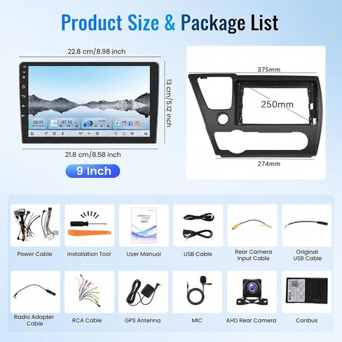 5G Wifi 8-core 4G+64G Car Stereo for Honda Civic 2013-2017 with 9-Inch 1280P QLED Touchscreen Wireless Carplay Android Auto OTA, Bluetooth 5.1 Car Radio DSP/Hi-Res Audio WIFI SWC GPS AHD Backup Camera in Saudi Arabia
