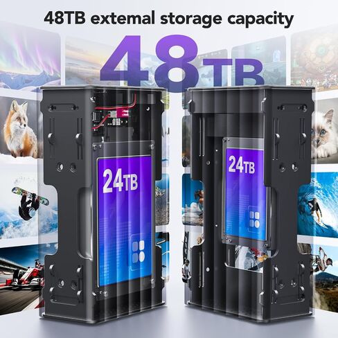 حاوية RAID مزدوجة الخليج لمحرك أقراص SATA SSD/HDD مقاس 2.5/3.5 بوصة مع مروحة تبريد، حاوية USB-C SATA لتوسيع سعة 48 تيرابايت، 4 أوضاع RAID (1/0/JBOD/COPY) in Kuwait