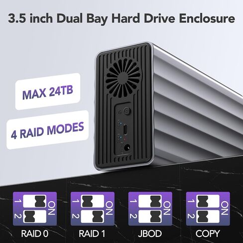 حاوية RAID مزدوجة الخليج لمحرك أقراص SATA SSD/HDD مقاس 2.5/3.5 بوصة مع مروحة تبريد، حاوية USB-C SATA لتوسيع سعة 48 تيرابايت، 4 أوضاع RAID (1/0/JBOD/COPY) in Kuwait
