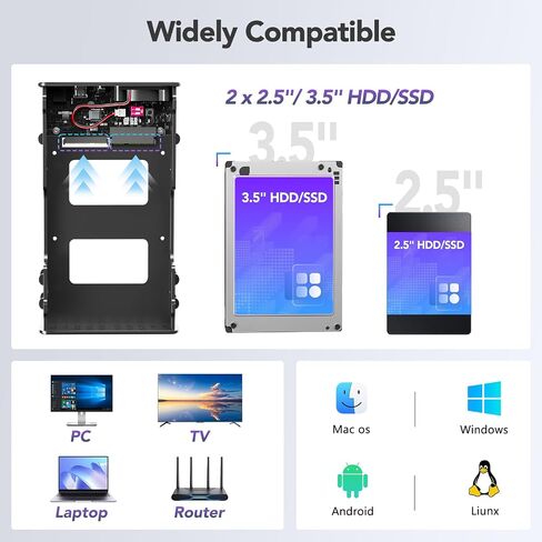 حاوية RAID مزدوجة الخليج لمحرك أقراص SATA SSD/HDD مقاس 2.5/3.5 بوصة مع مروحة تبريد، حاوية USB-C SATA لتوسيع سعة 48 تيرابايت، 4 أوضاع RAID (1/0/JBOD/COPY) in Kuwait