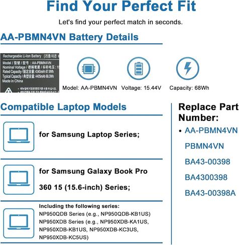 استبدال بطارية الكمبيوتر المحمول AA-PBMN4VN لجهاز Samsung Galaxy Book Pro 360 15 NP950XDB NP950XDB-KA1US NP950XDB-KB1US NP950XDB-KC5US NP950XDB-KC3US NP950QDB NP950QDB-KB1US Series Notebook in Kuwait