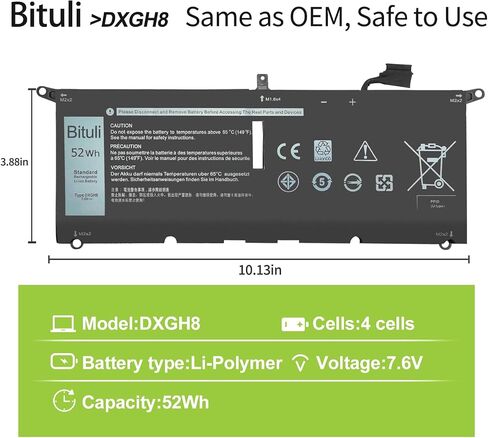 DXGH8 Battery Replacement 7.6V 52Wh 4-Cell for Dell XPS 13 9370 9380 7390 Inspiron 13 7000 7390 7391 2-in-1 5390 5391 7490 Vostro 5390 5391 Series Latitude 3301 in Kuwait
