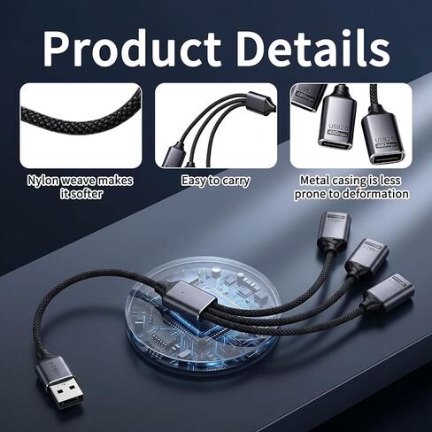USB 2.0 Adapter USB Y Splitter 1 in 3 Out, 0.8Ft Male to 3 Female Extension Hub Cable for Car/PC/Laptop/Keyboard/Smartphone/Flash Drive Data Transmission (Black) in Saudi Arabia