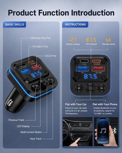 Bluetooth Fm Transmitter for Car, Fast Charging, Blue Tooth 5.4 Car Charger in Saudi Arabia
