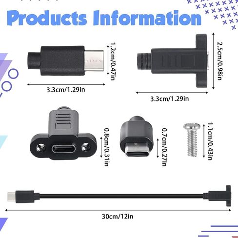 USB Type C Male to Female Cable, USB Type C 3.1Panel Mount Adapter Cable 10gbps Panel Mount Connector for Charging,Data Sync, Video,Audio,Compatible with Laptop,Tablet,Smartphone (30cm/1ft) in Saudi Arabia