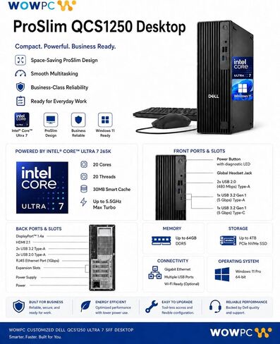 Customized Dell Pro Slim QCS1250 Business Desktop, Latest OptiPlex AI SFF Version, Core Ultra 7 265K, 16GB DDR5 512GB SSD, Up to 64GB RAM 4TB SSD, Dual 4K Display Support, USB-C, Wi-Fi, Win11Pro in Saudi Arabia