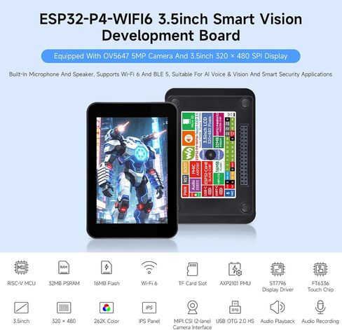 Waveshare ESP32-P4-WIFI6 3.5inch Smart Vision Development Board, 320 × 480 Resolution, Equipped with OV5647 5MP Camera, Built-in Microphone and Speaker, Supports Wi-Fi 6 and BLE 5, no BAT in Saudi Arabia