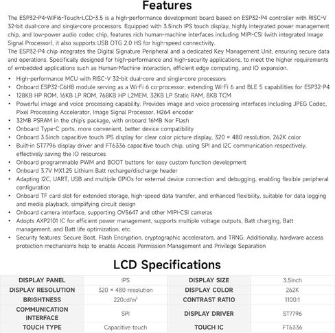 Waveshare ESP32-P4-WIFI6 3.5inch Smart Vision Development Board, 320 × 480 Resolution, Equipped with OV5647 5MP Camera, Built-in Microphone and Speaker, Supports Wi-Fi 6 and BLE 5, no BAT in Saudi Arabia