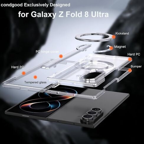 حافظة لهاتف Galaxy Z Fold 8 Ultra متوافقة مع MagSafe - واقي شاشة مدمج، حماية مفصلات زنبركية وغطاء هاتف بمسند مغناطيسي دوار 360 درجة لهاتف Samsung Galaxy Z Fold8 Ultra (شفاف) in Kuwait
