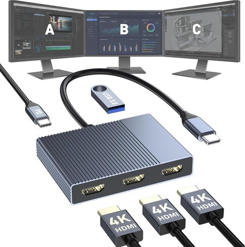 USB C to 3 HDMI Adapter with PD 100W/USB3.0, 4K@60Hz 3 Way HDMI Splitter Extended Display for 3 Monitors, Triple Monitor Docking Station for Dell/HP/Mac Laptop, SST/MST USBC Hub for Multiple Monitors in Saudi Arabia