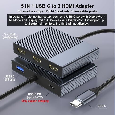 USB C to 3 HDMI Adapter with PD 100W/USB3.0, 4K@60Hz 3 Way HDMI Splitter Extended Display for 3 Monitors, Triple Monitor Docking Station for Dell/HP/Mac Laptop, SST/MST USBC Hub for Multiple Monitors in Saudi Arabia