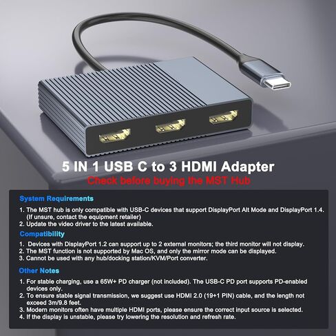 USB C to 3 HDMI Adapter with PD 100W/USB3.0, 4K@60Hz 3 Way HDMI Splitter Extended Display for 3 Monitors, Triple Monitor Docking Station for Dell/HP/Mac Laptop, SST/MST USBC Hub for Multiple Monitors in Saudi Arabia