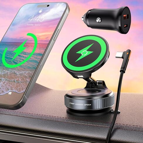 15W Wireless Charger Magnetic Car Phone Holder [Vacuum Suction Cup] 360° Adjustable & Foldable Car Mount for Dashboard/Windshield/Smooth Surface [Compatible with MagSafe] for iPhone/Samsung in Saudi Arabia