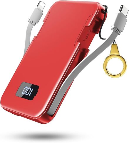 Ultra-Slim 5000mAh Portable Charger for iPhone & Android, Mini Power Bank with Built-in Cables (USB-C & iOS), 5V/2A Small External Battery Pack for iPhone 16/15/14/13, Samsung, Google – Red in Kuwait