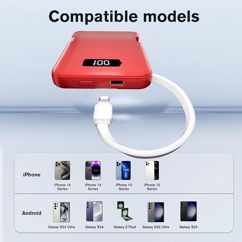 Ultra-Slim 5000mAh Portable Charger for iPhone & Android, Mini Power Bank with Built-in Cables (USB-C & iOS), 5V/2A Small External Battery Pack for iPhone 16/15/14/13, Samsung, Google – Red in Kuwait