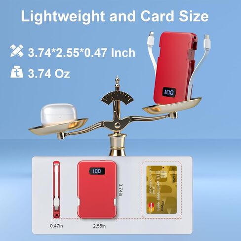 Ultra-Slim 5000mAh Portable Charger for iPhone & Android, Mini Power Bank with Built-in Cables (USB-C & iOS), 5V/2A Small External Battery Pack for iPhone 16/15/14/13, Samsung, Google – Red in Kuwait