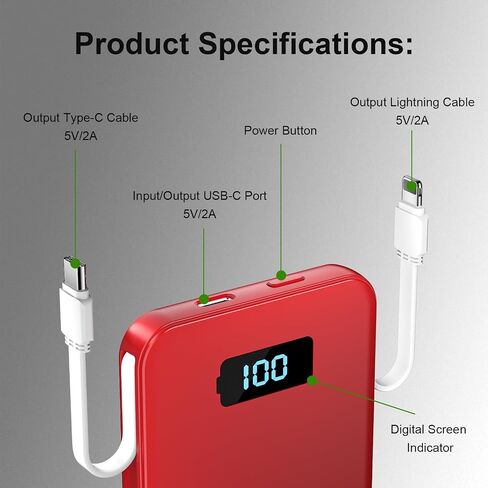 Ultra-Slim 5000mAh Portable Charger for iPhone & Android, Mini Power Bank with Built-in Cables (USB-C & iOS), 5V/2A Small External Battery Pack for iPhone 16/15/14/13, Samsung, Google – Red in Kuwait
