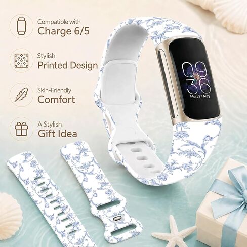 Compatible with Fitbit Charge 6/5 Bands,Maillard & Dopamine Aesthetic Soft Silicone Metal-Free Skin-Friendly Strap,Coquette Style Pattern Wristband for Women Men(Blue Toile de Jouy) in Saudi Arabia