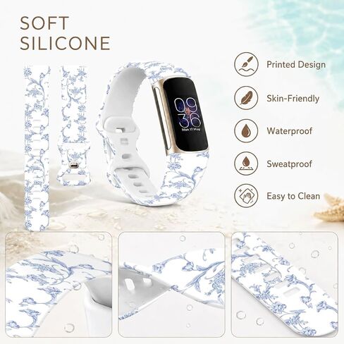 Compatible with Fitbit Charge 6/5 Bands,Maillard & Dopamine Aesthetic Soft Silicone Metal-Free Skin-Friendly Strap,Coquette Style Pattern Wristband for Women Men(Blue Toile de Jouy) in Saudi Arabia