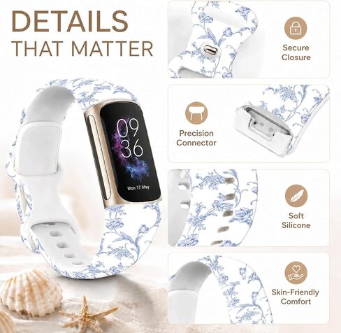 Compatible with Fitbit Charge 6/5 Bands,Maillard & Dopamine Aesthetic Soft Silicone Metal-Free Skin-Friendly Strap,Coquette Style Pattern Wristband for Women Men(Blue Toile de Jouy) in Saudi Arabia