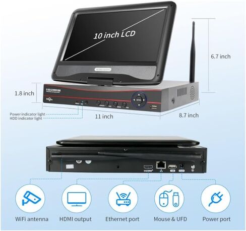 【No HDD】 10'' LCD Wireless WiFi NVR 10 Channels Network Video Recorder, Motion Detection Zones, 24/7 Record, Work with Hiseeu Eseecloud 1080P/3MP/5MP Wireless Camera in Kuwait
