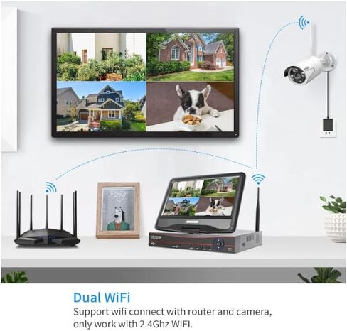 【No HDD】 10'' LCD Wireless WiFi NVR 10 Channels Network Video Recorder, Motion Detection Zones, 24/7 Record, Work with Hiseeu Eseecloud 1080P/3MP/5MP Wireless Camera in Kuwait