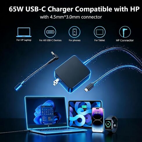 65W Laptop Charger Replacement for HP, USB-C & 4.5mm Blue Tip in Saudi Arabia