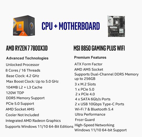 Micro Center CPU Motherboard Memory Combo: AMD Ryzen 7 7800X3D CPU Processor + MSI B850 Gaming Plus WiFi Motherboard + KLEVV Bolt V DDR5 32GB (2x16GB) 6400MHz CL30 Ram Memory White in Saudi Arabia