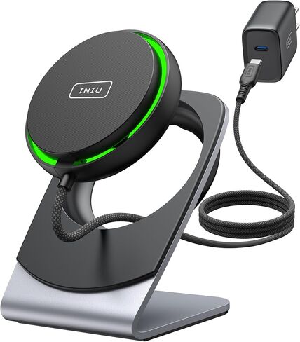 INIU Wireless Charger, 15W Fast Charging Magnetic Wireless Charger Stand, Travel Essential Wireless Charging Station with Sleep-Friendly Adaptive Light, for iPhone 16/15/14/13/12 Series, Airpods in Saudi Arabia