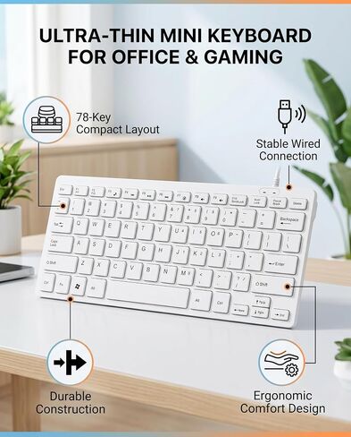 78 key Ultra thin Keyboard, Mini Portable USB Wired Keyboard High Sensitivity Corded Silent Small Compact Computer Keyboard for Desktop Laptop PC(white) in Saudi Arabia