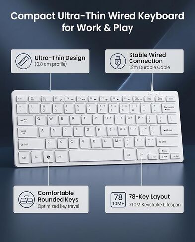 78 key Ultra thin Keyboard, Mini Portable USB Wired Keyboard High Sensitivity Corded Silent Small Compact Computer Keyboard for Desktop Laptop PC(white) in Saudi Arabia