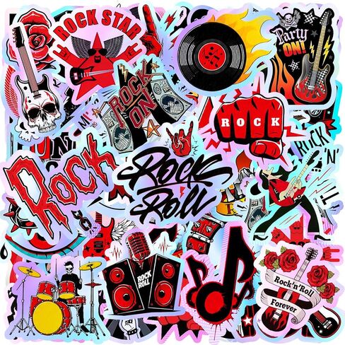 120PCS Holographic Rock and Roll Stickers Rock and Roll Party Favors Birthday Party Decorations Vinyl Waterproof Stickers for Water Bottle Laptop Luggage Helmet in Saudi Arabia