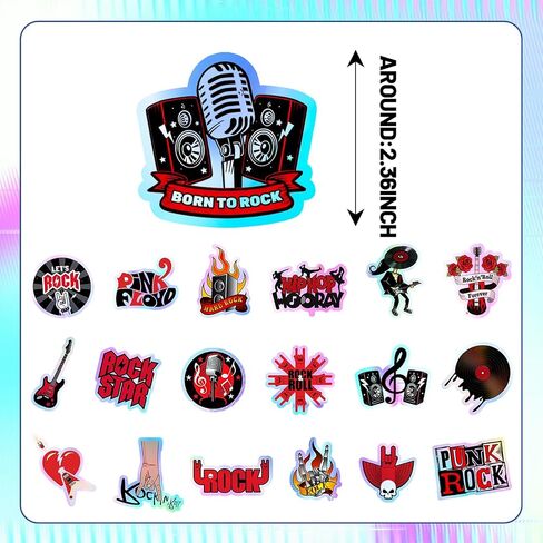 120PCS Holographic Rock and Roll Stickers Rock and Roll Party Favors Birthday Party Decorations Vinyl Waterproof Stickers for Water Bottle Laptop Luggage Helmet in Saudi Arabia