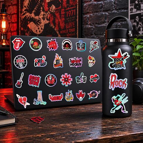 120PCS Holographic Rock and Roll Stickers Rock and Roll Party Favors Birthday Party Decorations Vinyl Waterproof Stickers for Water Bottle Laptop Luggage Helmet in Saudi Arabia